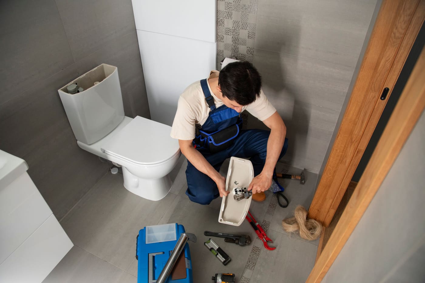 Male plumber in blue overalls crouching beside a toilet, repairing it with a wrench.