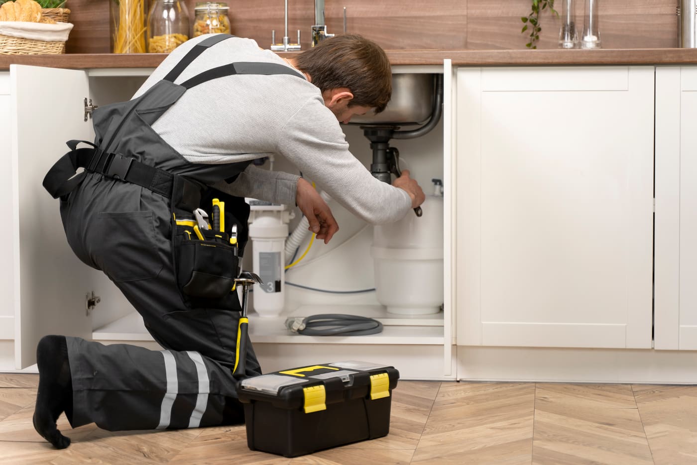 Plumbing professional kneeling under a sink, fixing pipes